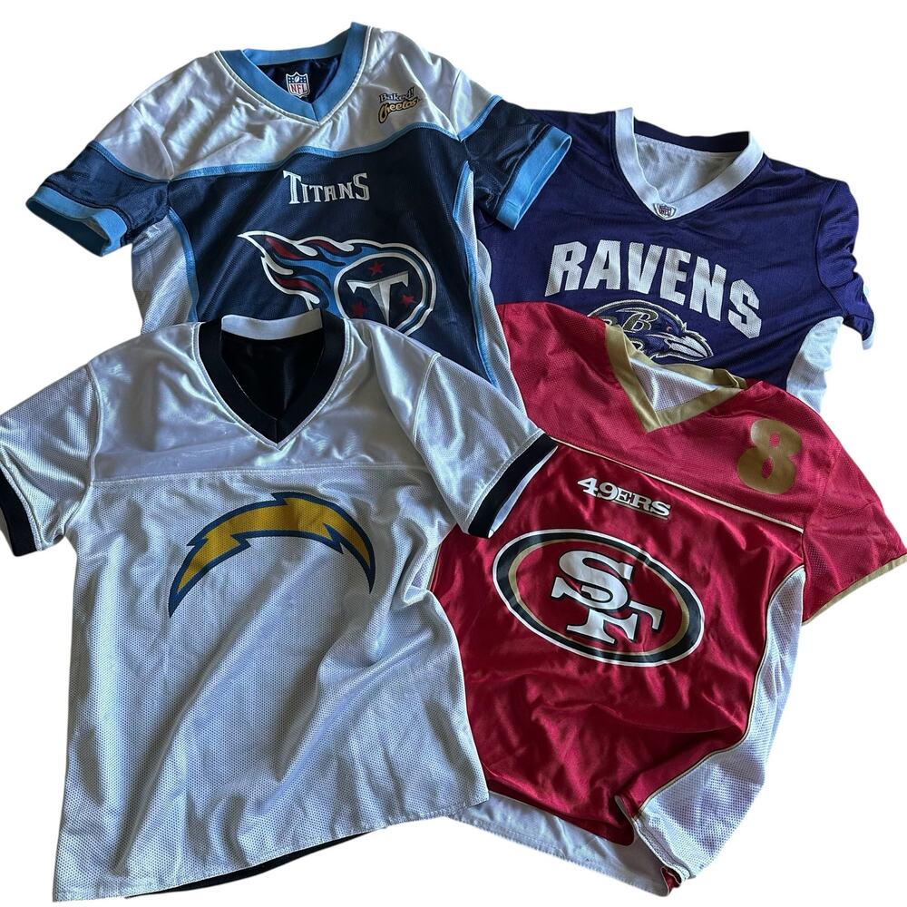 Reversible NFL FLAG Jersey Bundle of 4 Ravens 49ers Titans Chargers